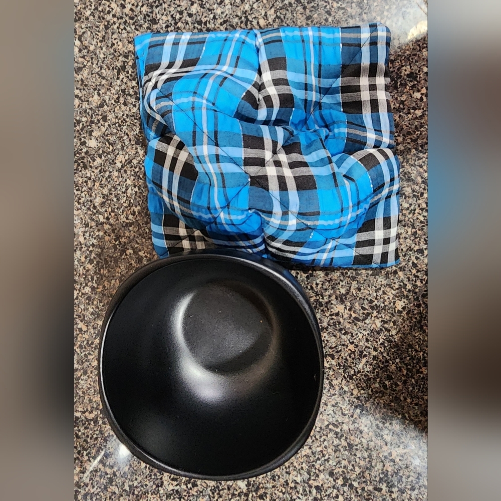 blue plaid themed bowl cozy